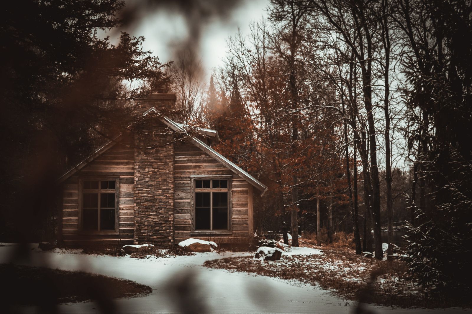 A cozy wooden cabin in a snowy forest