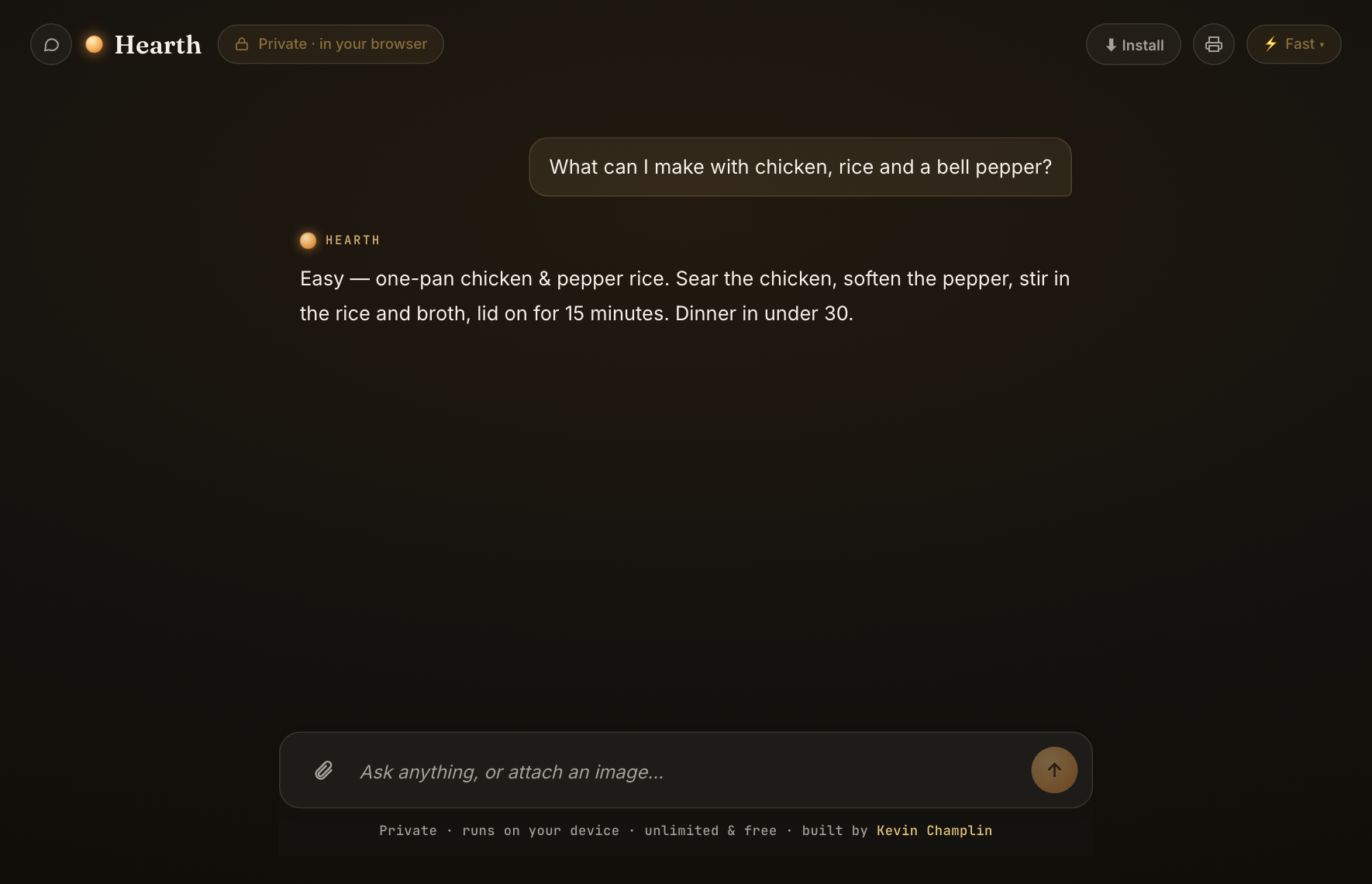 A Hearth conversation answering a dinner question