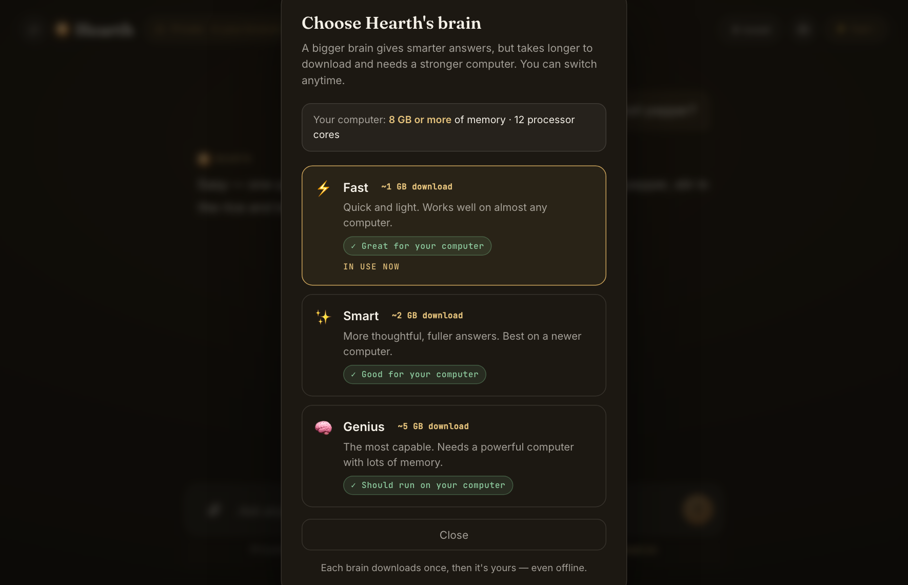 The Choose Hearth's brain panel showing Fast, Smart and Genius with plain-language fit verdicts