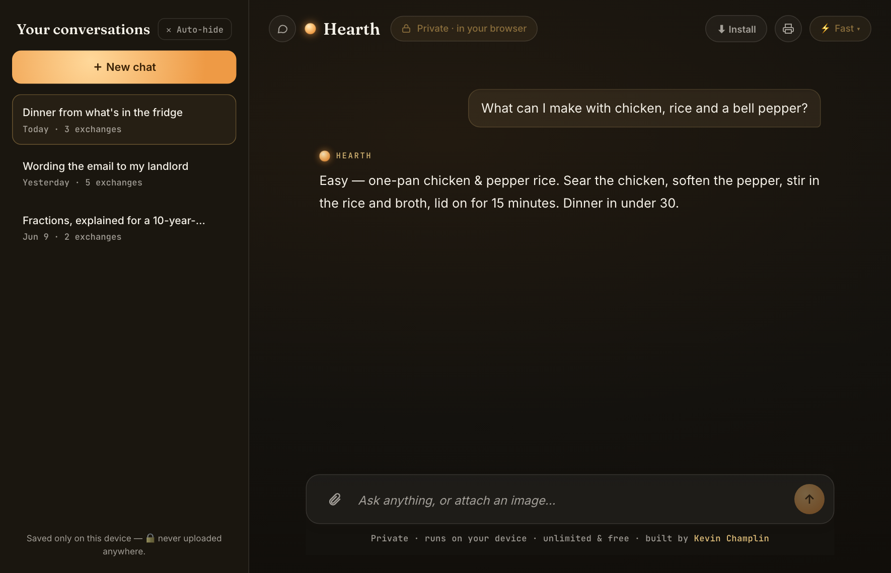 The conversations panel pinned open beside a chat